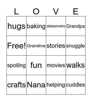 Grandparent's Day Bingo Card