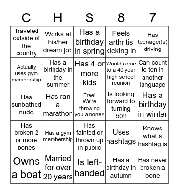 Class of '87 Reunion Bingo Card