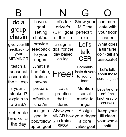 Till Leader Bingo Card