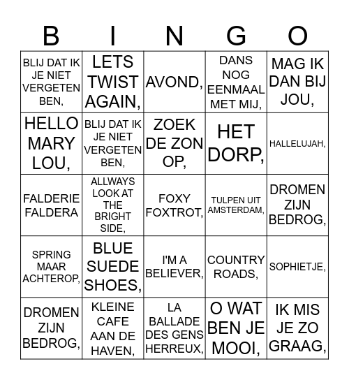 De ORANJE MAN LIEDJES 1 BINGO  Bingo Card