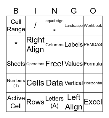 Spreadsheet Basics Bingo Card