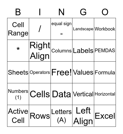 Spreadsheet Basics Bingo Card