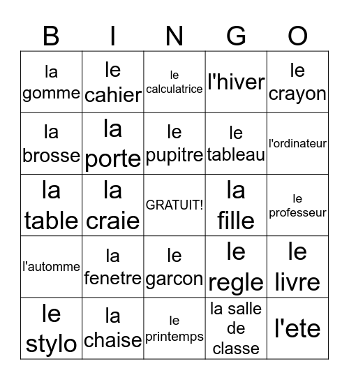 a l'ecole Bingo Card