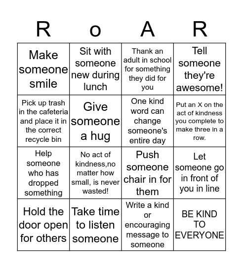 Random Acts Of Kindness Bingo Card
