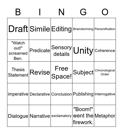 English Exam Review Bingo Card