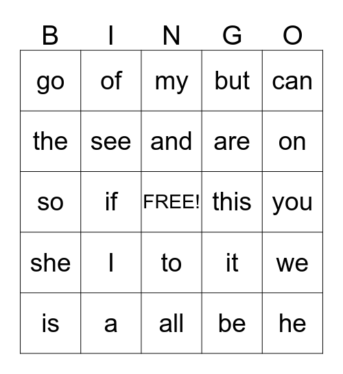 Cooper's Site Word Bingo Card