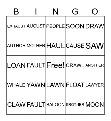 AW AND AU WORDS + REVIEW Bingo Card