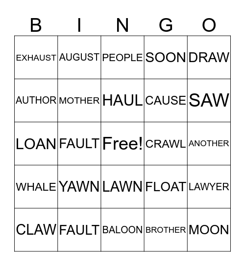 AW AND AU WORDS + REVIEW Bingo Card