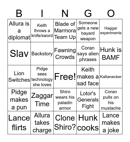 Voltron Season 4 Bingo Card