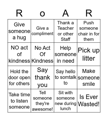 Random Acts Of Kindness Bingo Card