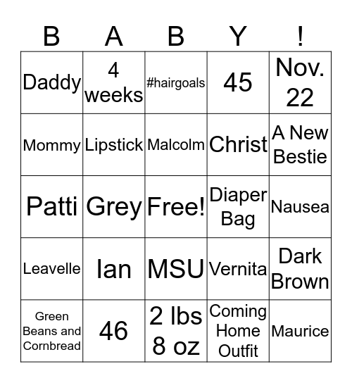 Baby Bingo Card