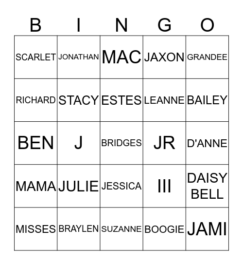GranDee's Family Bingo Card