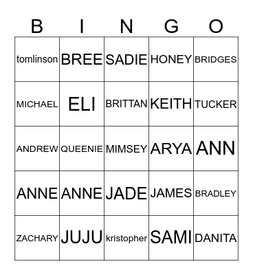 GranDee's Family Bingo Card