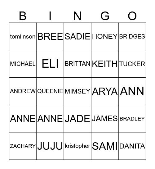 GranDee's Family Bingo Card