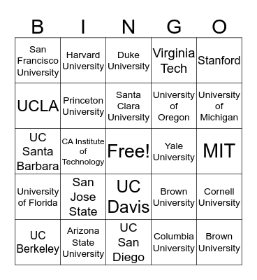 Universities Bingo Card