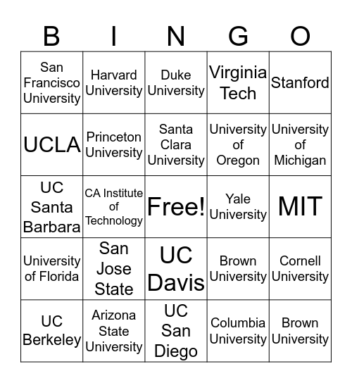 Universities Bingo Card