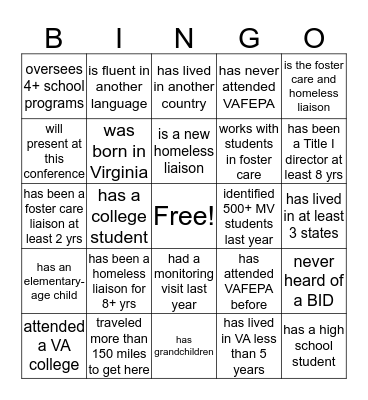 VAFEPA: Find a Person Who... Bingo Card