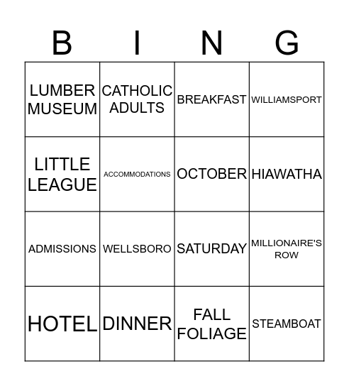 OUR WEEKEND ADVENTURE Bingo Card