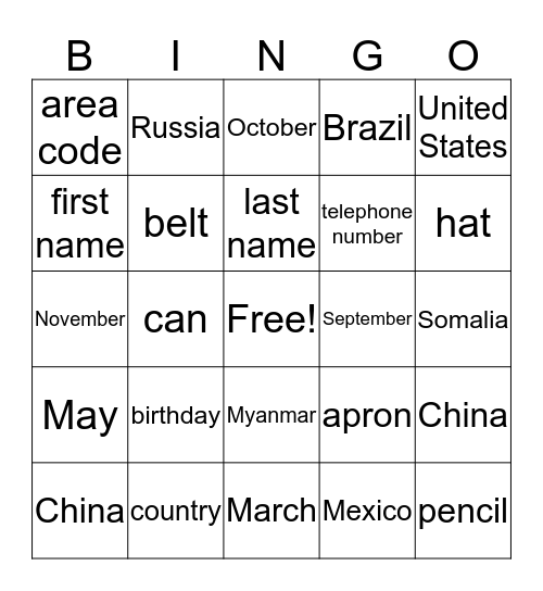 Vocabulary Bingo Card