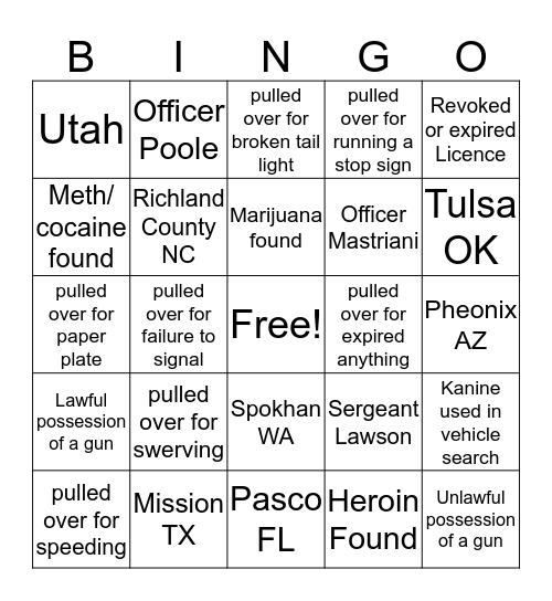 pulled over Bingo Card