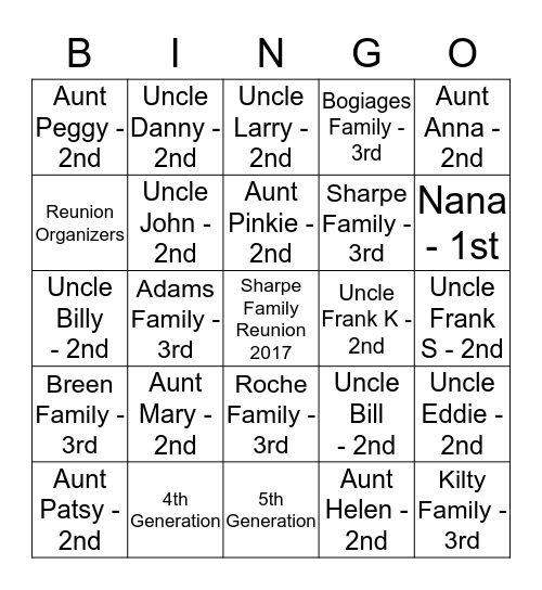Sharpe Family Bingo!! Bingo Card