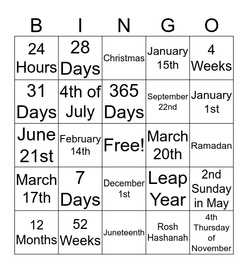 Calendar Bingo Card