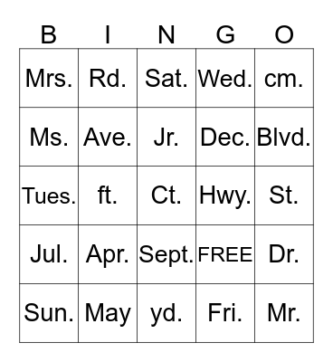 Abbreviations Bingo Card