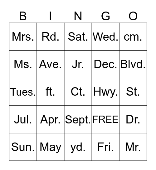 Abbreviations Bingo Card