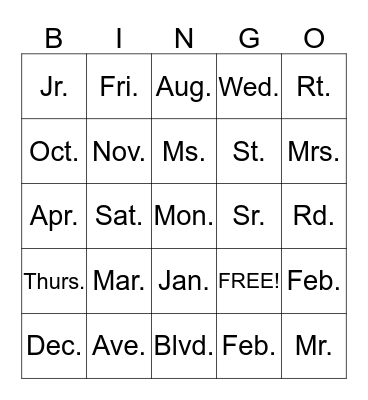 ABBREVIATIONS Bingo Card