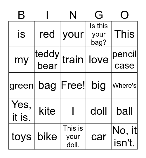 Unit 2 Playtime Bingo Card