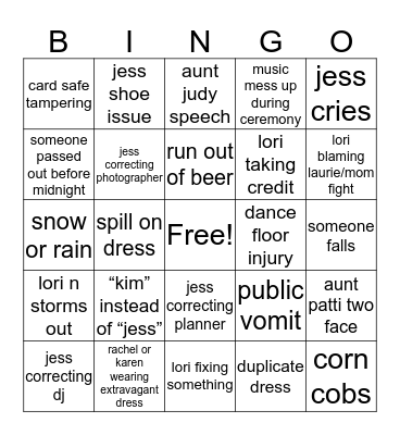 kevin & jess wedding Bingo Card