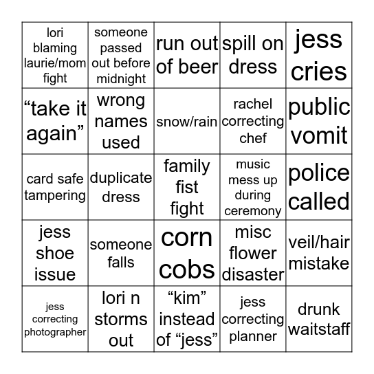 kevin & jess bingo Card