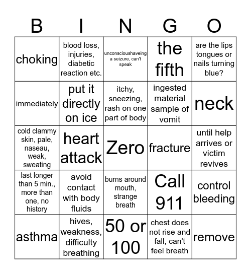 First Aid Bingo Card