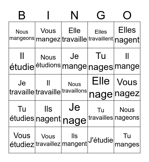 ER Verb Conjugations Bingo Card