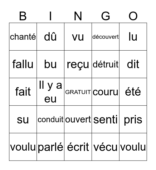 Passé Composé Bingo Card