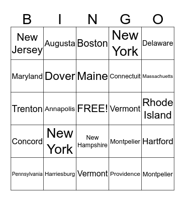 Northeastern States  Bingo Card