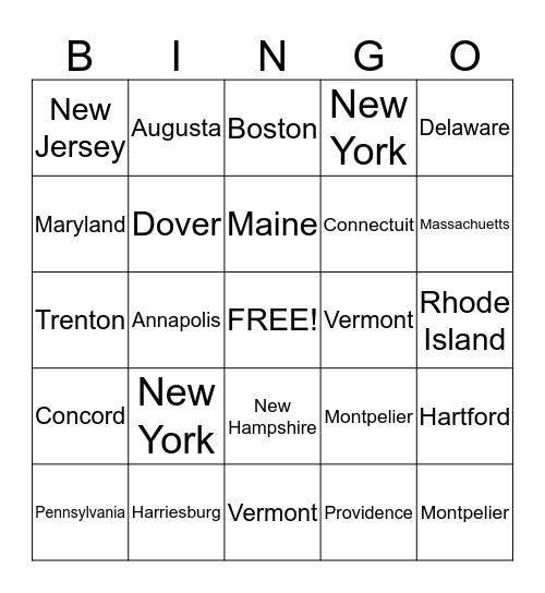 Northeastern States  Bingo Card