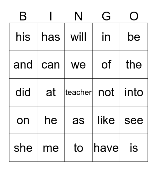 sight words Bingo Card