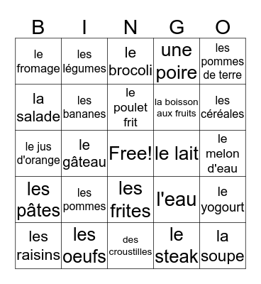 La Nourriture (Que c'est bon!) Bingo Card