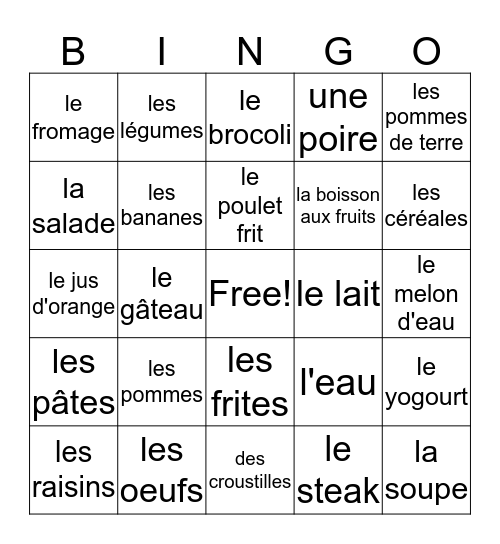 La Nourriture (Que c'est bon!) Bingo Card