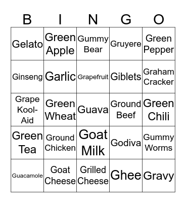 Foods that begin with G Bingo Card