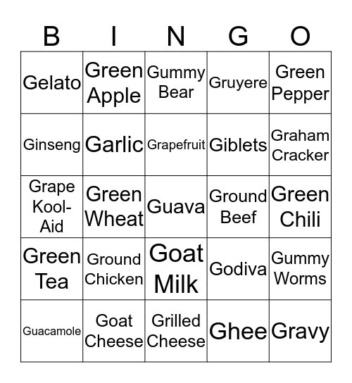 Foods that begin with G Bingo Card