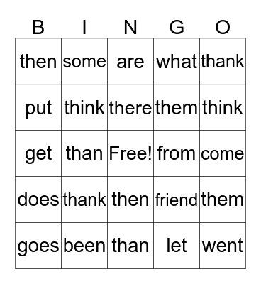 Sight Words #5 Bingo Card