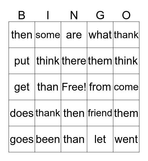 Sight Words #5 Bingo Card