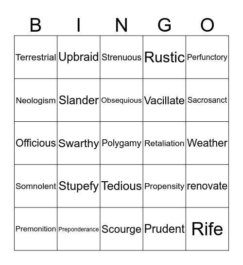 Vocabulary! Bingo Card