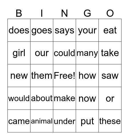 2G Power Words Bingo Card