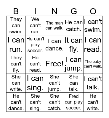 can and can't Bingo Card