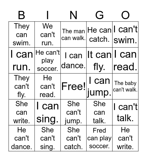 can and can't Bingo Card