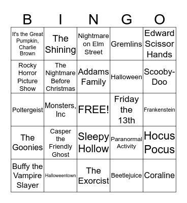 Halloween Movies Bingo Card