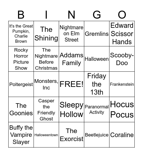 Halloween Movies Bingo Card